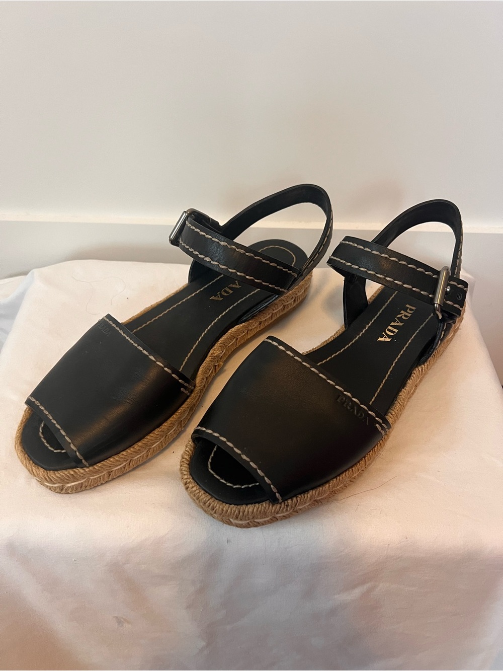 Prada Black Leather Espadrille-Style Sandals